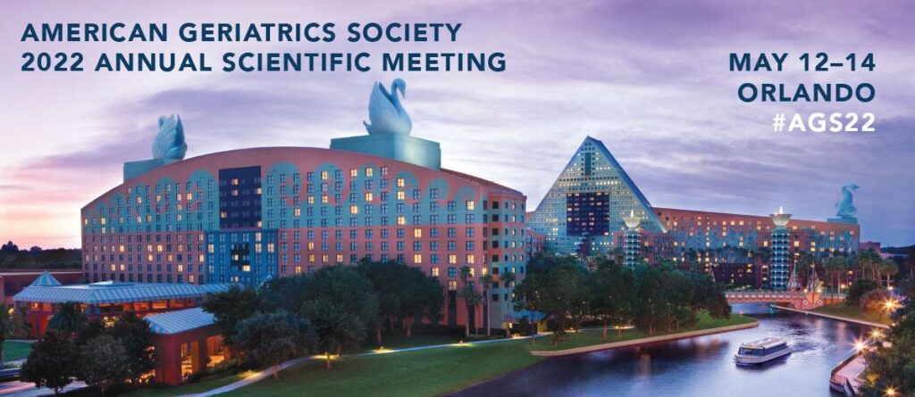 2022 Annual Scientific Meeting of the American Geriatrics Society (AGS) announcement showing The Swan and Dolphin Hotel in Orlando, FL