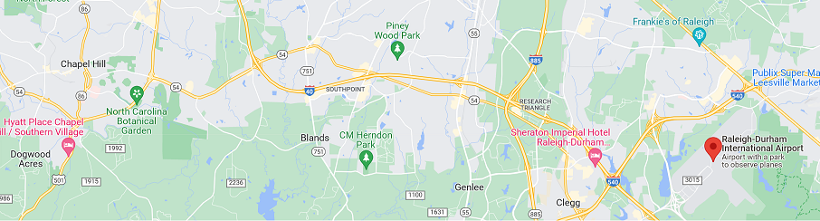 Screenshot of a map showing both Chapel Hill and RDU and the roads in between. 