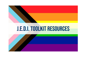 DEI Toolkit Resources, new pride flag Pink, Blue, Brown, Black on left side in a triangle. Horizontal stripes of red, orange, yellow, green, blue, purple