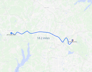 Map showing distance between RDU Airport and UNC (18.2 miles)