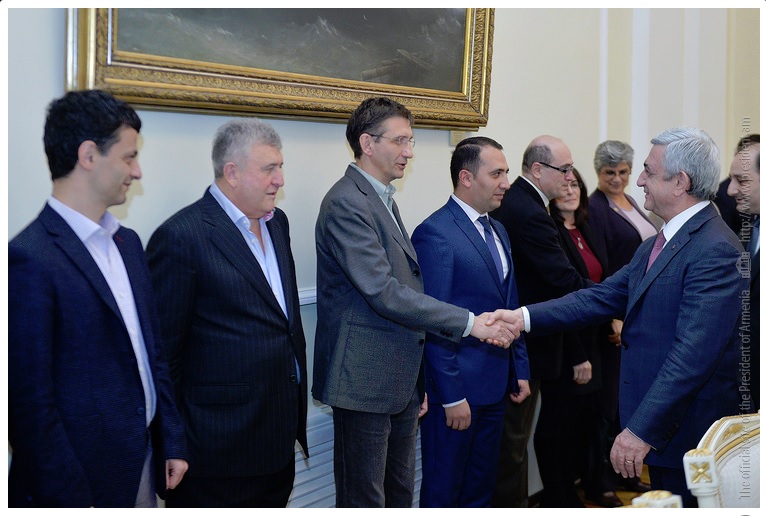 Nikolay Dokholyan, Ph.D., shake hands with Armenian President Serzh Sargsyan.