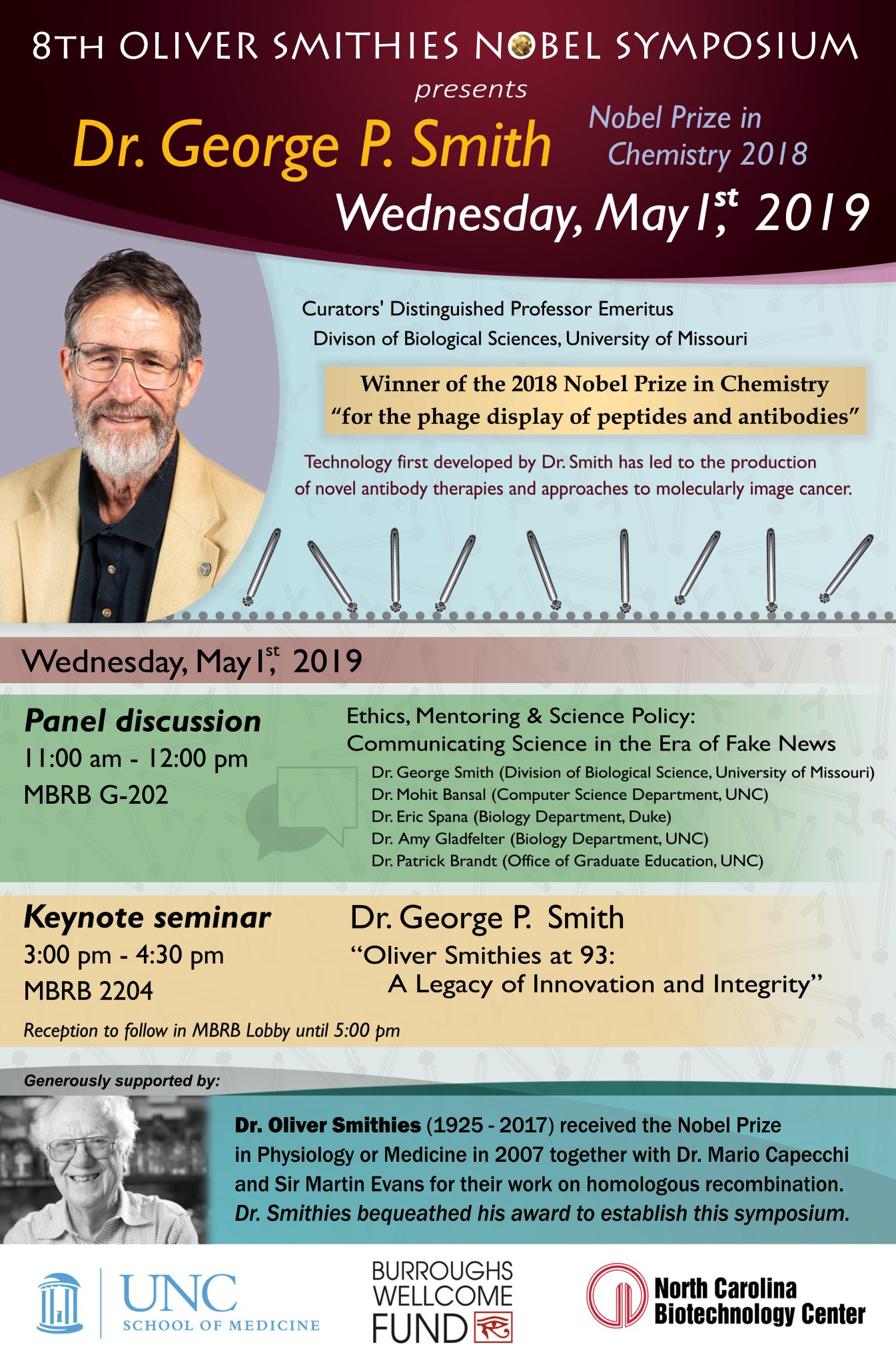 flier announcement of Dr. George P. Smith talks at UNC on May 1 2019 11am and 3 pm in MBRB