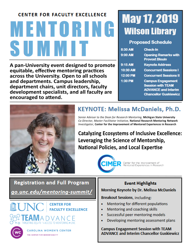 photo of CFE Mentoring flier announcement for date and time of UNC Mentoring summit May 17 2019 same as pdf attachment