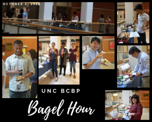 October 2 bagel hour with biochemistry members around a a table of bagels