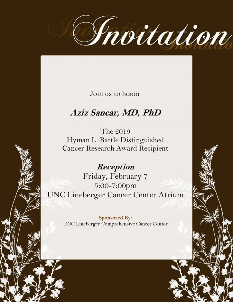 Invitation to event on 2/7 Battle Award reception 5-7pm Lineberger for aziz sancar