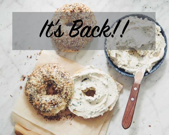 text "It's back!" image bagels and cream cheese on a cutting board