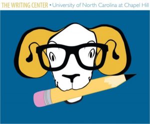 UNC writing center cartton ram with a pencil in mouth
