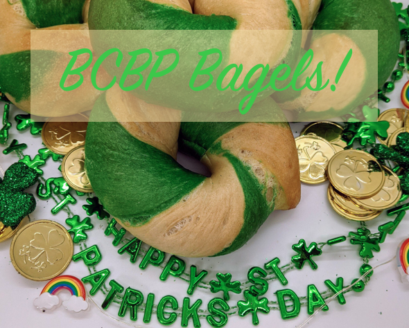 bagel event flier words bcbp bagel image white and green bagel and green jewelry