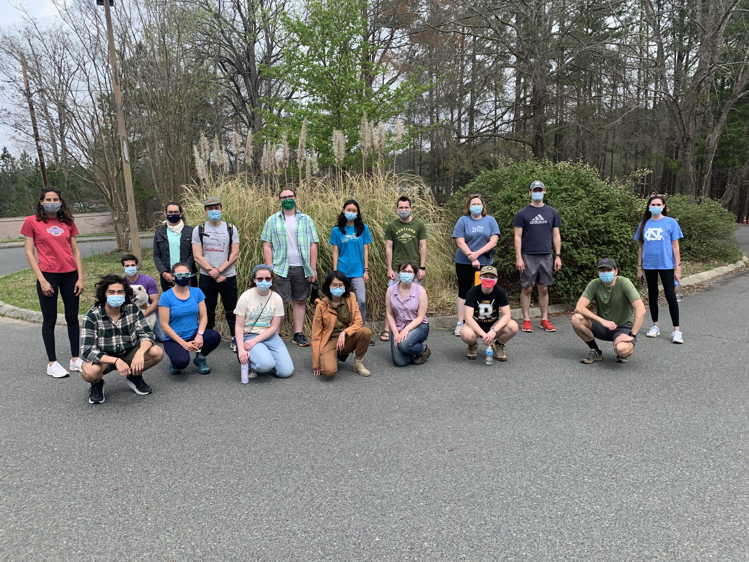 Group of 17 hikers wearing a face mask outside on March 27 2021