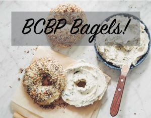 text "BCBP Bagels" image of bagel with spread
