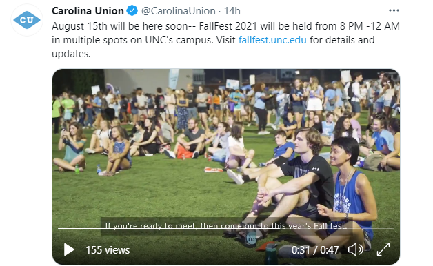 text in this event post for this social media post with Gage and Odessa Carolina Union video UNC Fall Fest 8-01-2021