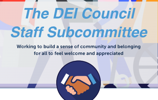 TExt : "the DEI Council staff subcommittee" images of cartoon collage of diverse peoples
