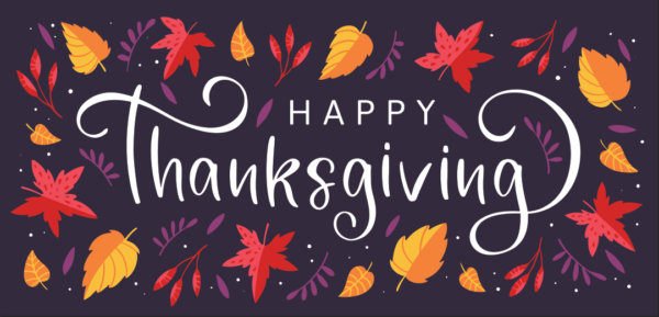 text "happy thanksgiving" image of leaves in purple background