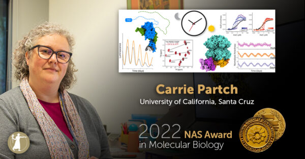carrie partch standing with background of several images and the prize image for the 2022 NAS Award in Molecular Biology