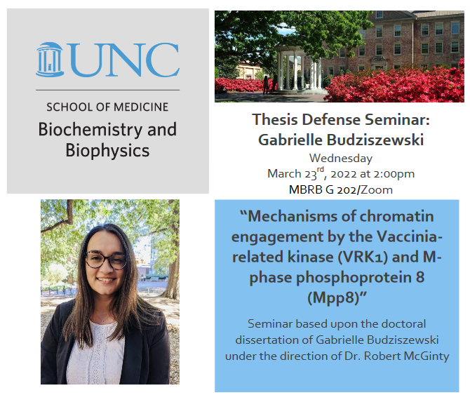 text "Biochemistry and Biophysics Student Defense Student Gabrielle Budziszewski (student of Dr. Robert McGinty) Title Mechanisms of chromatin engagement by the Vaccinia-related kinase (VRK1) and M-phase phosphoprotein 8 (Mpp8) Date and location Wednesday, March 23rd at 2 PM, MBRB G 202 and Zoom" image of Gabby and the Old Well with red flowers