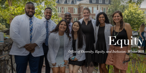 Equity newsletter DEI with 8 diverse people in lab coats outside smiling
