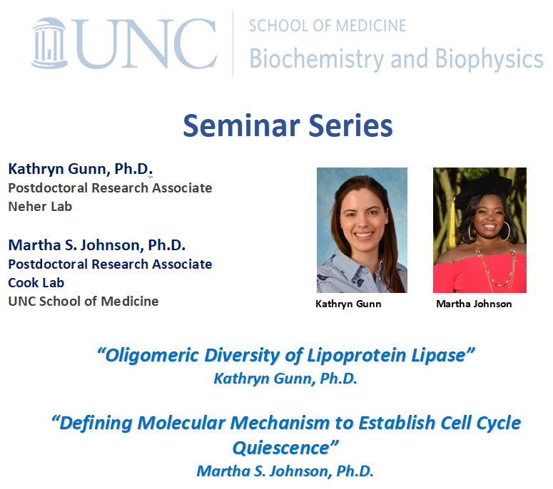 UNC School of Medicine Biochemistry and Biophysocs Seminar series with Dr. Gunn of Neher lab “Oligomeric Diversity of Lipoprotein Lipase” and Dr. Johnson of Cook lab “Defining Molecular Mechanism to Establish Cell Cycle Quiescence” Photo of two postdoctoral research associates.