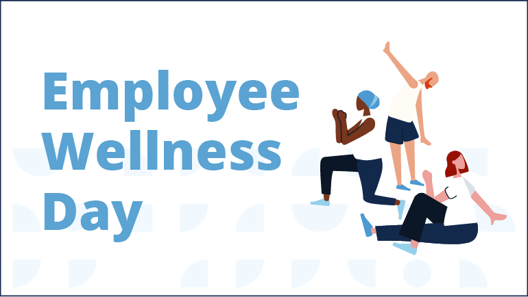text "Employee Wellness Day" image of 3 diverse people as a cartoon exercising