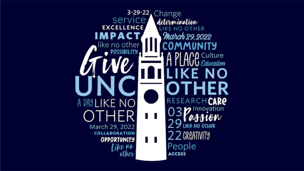 bell tower in whote and word cloud of words for UNC give day March 29, 2022