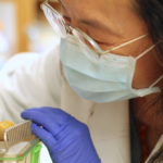 Ming Jing Wu in lab coat and gloves and mask in a lab