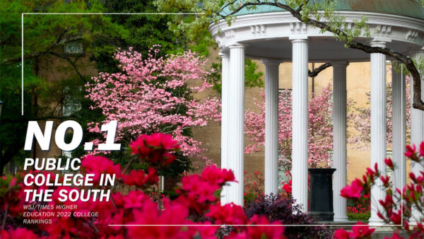 text " No. 1 public college in the south by wall street journal Times Higher education 2022 college rankings" image of Old Well with pink and red flowering shrubs
