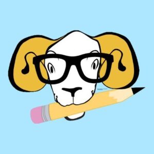writing center logo shows cartoon ram with black glasses holding a pencil in his mouth