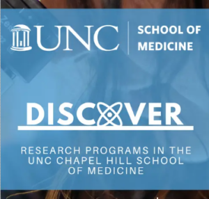 UNC school of medicine logo in white on blue, text "discover research programs in the unc chapel hill school of medicine"