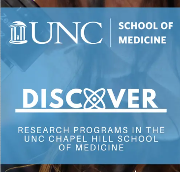 UNC school of medicine logo in white on blue, text "discover research programs in the unc chapel hill school of medicine"