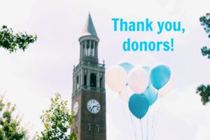 text "thank you donors" images of bell tower and blue and white balloons