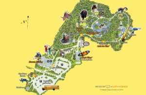 Green and yellow map of Museum of Life and Science Durham NC 2022. this map is available in person at our event at the front desk.