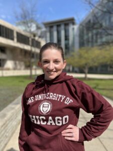 Cassandra Hayne wearing a University of Chicago sweatshirt