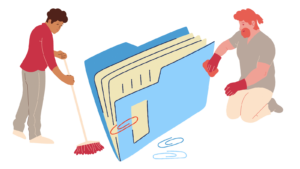 two cartoon diverse people cleaning a large file and one has a broom