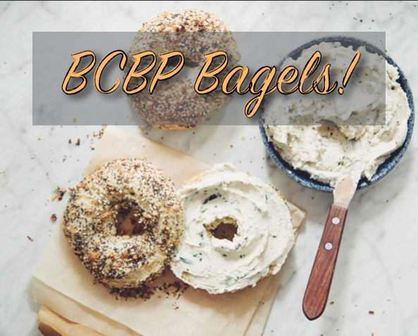 BCBP bagels in yellow letters with image of bagels in back
