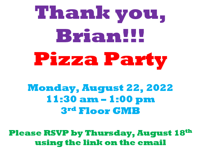 colorful text "Thank you Brian pizza party." More event details on this post.