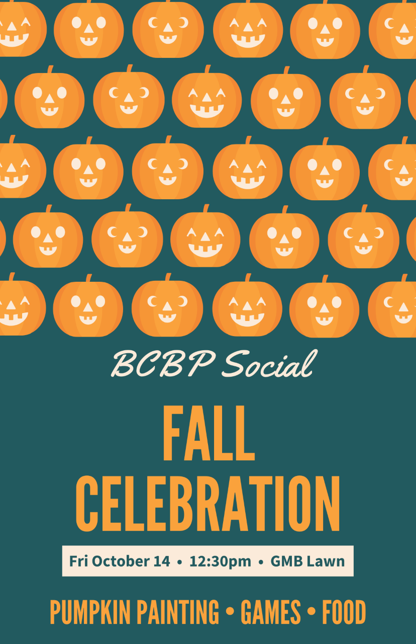 text "BCBP Social fall celebration Fri October 14 12:30 GMB lawn pumpkin painting games food" images of pumpkins on green blue background