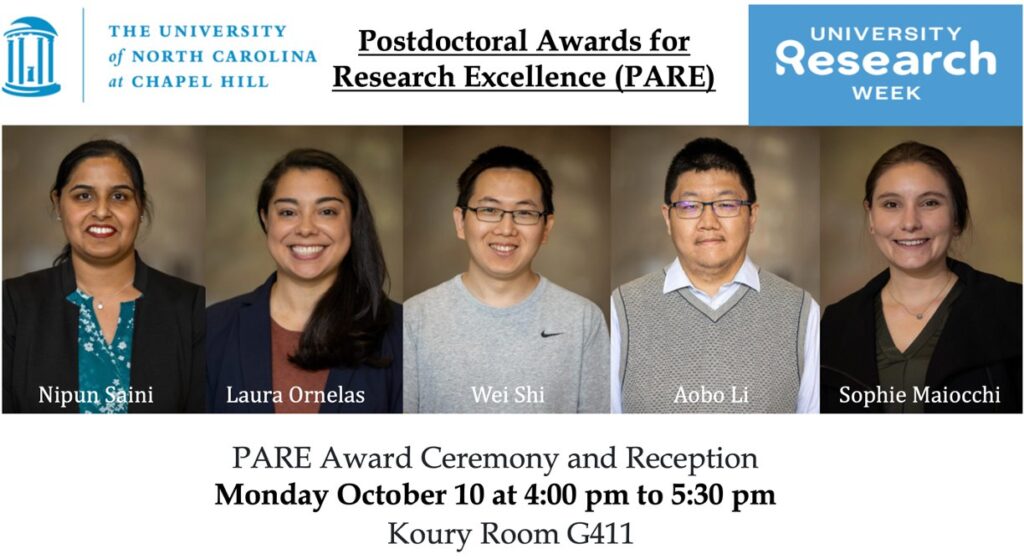 Come see this year's winners of the Postdoctoral Awards for Research Excellence (PARE) present their research, w/reception! Monday Oct 10th from 4:00 PM - 5:30 PM 2022