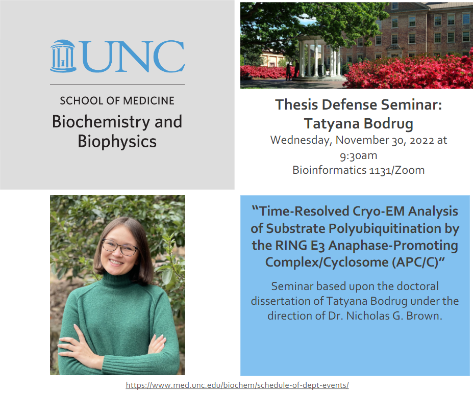 Wed. Nov. 30, Tatyana Bodrug defends her thesis, “Time-Resolved Cryo-EM Analysis of Substrate Polyubiquitination by the RING E3 Anaphase-Promoting Complex/Cyclosome (APC/C).” Her advisor is Dr. Nicholas G. Brown. Join us at 9:30 am in Bioinformatics 1131.