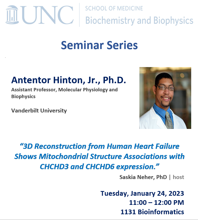 Speaker Antentor Hinton, Jr., Ph.D. Assistant Professor, Molecular Physiology and Biophysics Vanderbilt University Talk title “3D Reconstruction from Human Heart Failure Shows Mitochondrial Structure Associations with CHCHD3 and CHCHD6 expression.” Host: our department and Saskia Neher PhD Tuesday, January 24, 2023 11:00 – 12:00 PM 1131 Bioinformatics