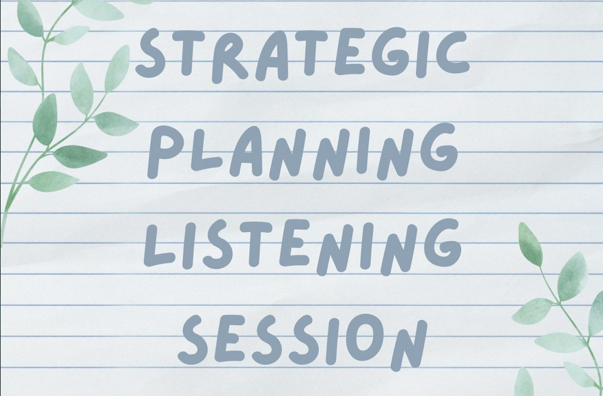 lined paper green leaves, text "strategic listening session"