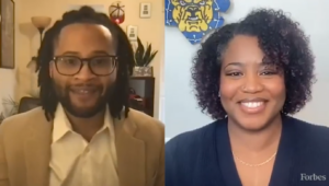 Jared Council on left and Stephani Page on right Forbes video podcast cover Jan 16 2023