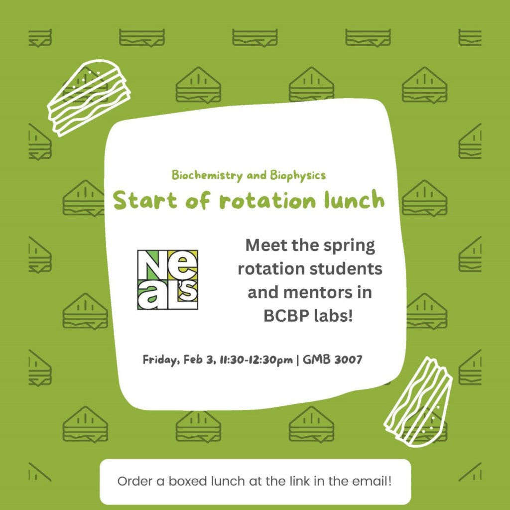 green background with sandwich cartoons. Text "start of rotation lunch meet the spring students and mentors in BCBP labs" details on event page here