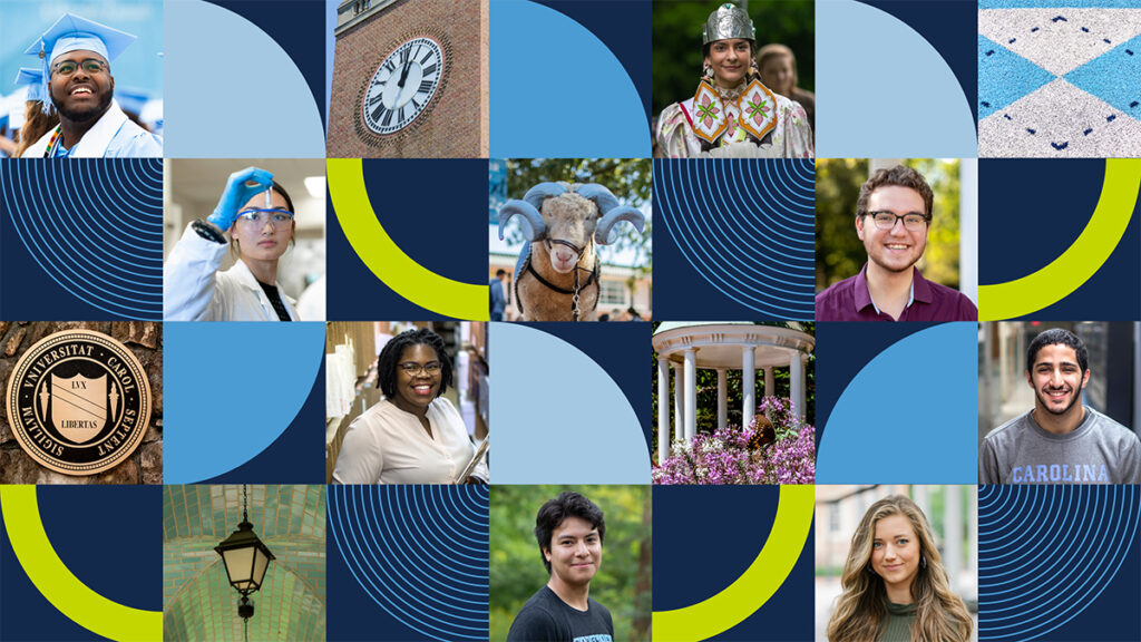 photo collage with 8 people and famous places on UNC campus
