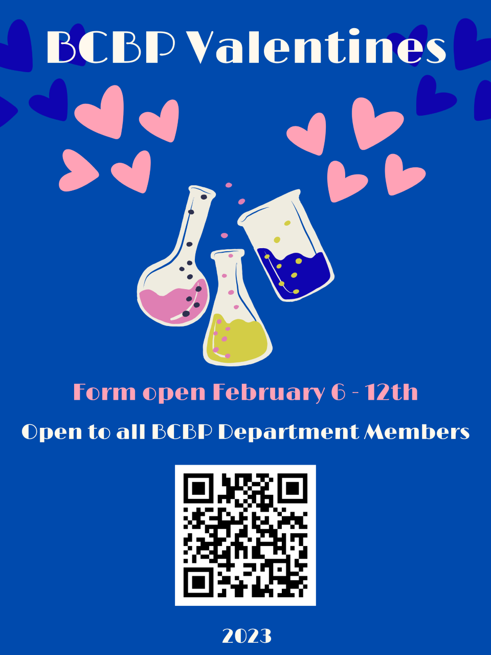 Purple background, test tubes and pink hearts. TExt "BCBP Valentines form open on February 6 open to all members"