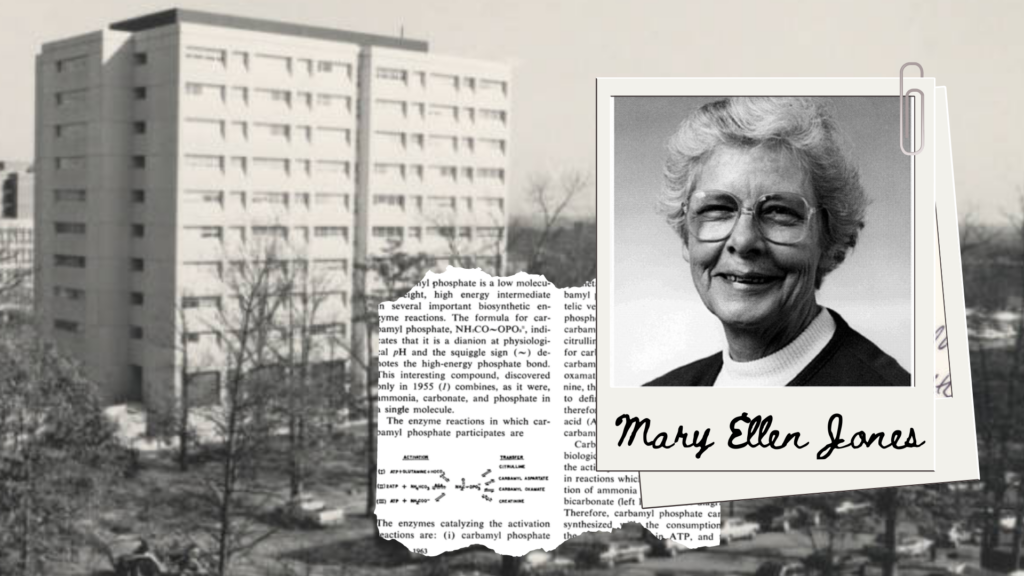 A headshot of Mary Ellen Jones, PhD, a snippet from one of her scientific papers, and the building that would eventually bear her name.