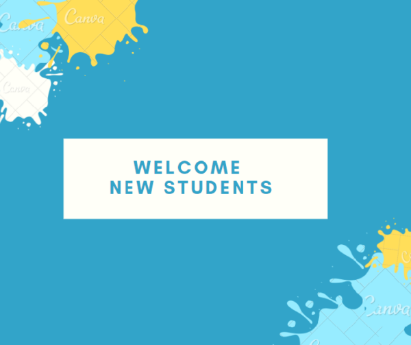 text "welcome new students" blue and yellow white splash