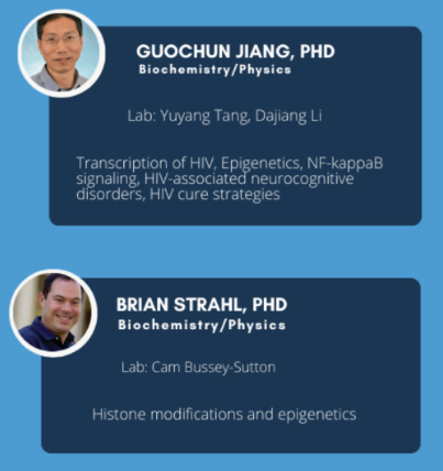 The Guochun Jiang and Brian Strahl labs and researchers highlighted.