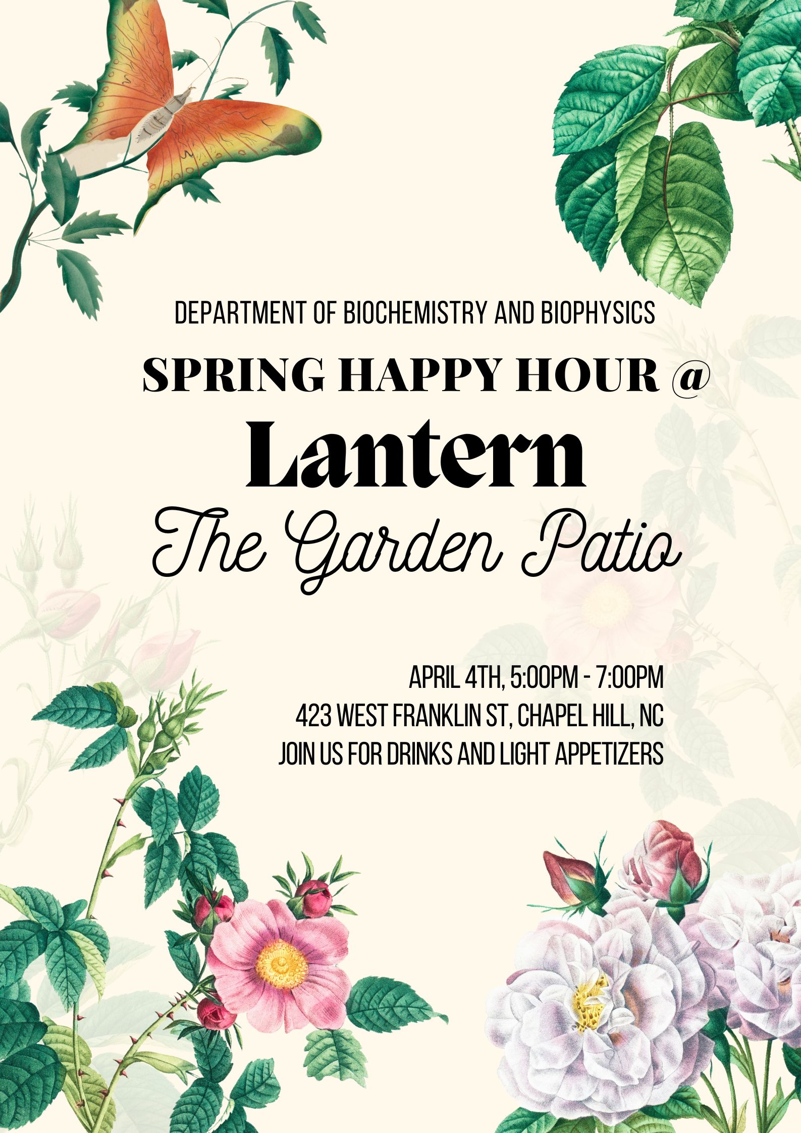 text " spring happy hour at Lantern the garden patio on April 4, 2024 from 5 to 7 PM. background images are white and white roses and green rose leaves and butterflies