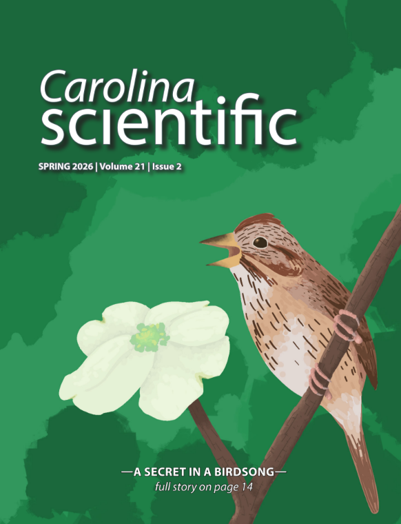 "Carolina Scientific Magazine, SPRING 2026 | Volume 21 | Issue 2 —A SECRET IN A BIRDSONG—full story on page 14" image has a green tree cover with a small brown bird and a white flower