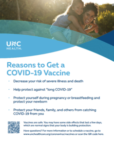 Reasons to get a covid-19 vaccine with image of smiling adult and child outdoors