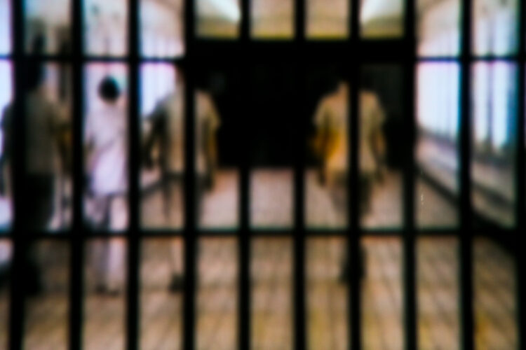 An out-of-focus photograph shows four people walking away from the camera down a wide passage. The people are on the other side of prison-syle bars.